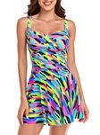 RELLECIGA Women's Neon Striped Ruched Tummy Control Swimwear Square Neckline One Piece Skirt Swimsuit Bathing Suits for Women Size Large