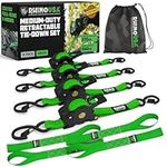 Rhino USA Retractable Ratchet Tie Down Straps (4PK) - 540kg Guaranteed Max Break Strength, Includes (4) Ultimate 2.5 cm x 3 m Autoretract Tie Downs with Padded Handles - Green