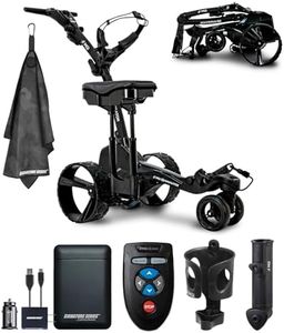 MGI Zip Navigator Electric Golf Cart with Seat Bundle | Full Directional Remote Controlled Motorized Golf Push Cart with Accessories and Signature Series Golf Towel | Plays 36 Holes