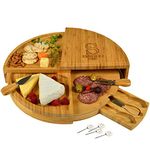 Custom Personalized Engraved Bamboo Cheese/Charcuterie Cutting Board with Knives & Cheese Markers - Stores as a Compact Wedge - Opens to 18" Diameter - Designed & Quality Checked in USA