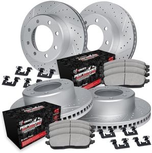 R1 Concepts Front and Rear Brake Kit For 2009-2010 Dodge Ram 2500, Ram 3500, 2011-2018 Ram 2500, 3500| Drilled Slotted Brake Rotors| Off-Road/Tow Brake Pads and Rotors Kit| Hardware included