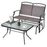 COSTWAY Garden Furniture Set, Patio Conversation Set 2 Seater Glider Bench with Tempered Glass Table, Metal Frame Outdoor Gliding Loveseat Rocking Chair and Table Set for Balcony Porch Poolside