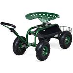 Goplus Garden Cart Gardening Workseat w/Wheels, Patio Wagon Scooter for Planting, Work Seat with Tool Tray and Basket (Length Adjustable Handle)