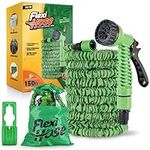 Flexi Hose Expandable Garden Hose - Heavy Duty, No-Kink Flexible Water Hose Pipe with 3/4-Inch Solid Brass Fittings, Expanding Hose Design, 7 Function Spray Nozzle Included - Green, 150ft