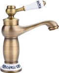 Ceramic Antique Brass Faucet with Porcelain Blue White Accents Vintage Long Neck Mixer Sink Tap Matching Pop Up Drain Brass Finish Ideal for Farmhouse Style Vanities (Modernism)…v