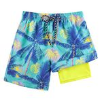 Cozople Board Shorts for Boys Quick Dry Lightweight Swim Trunks Blue Hawaii Boxer Brief Liner Swimwear Big Boys Stretch Bathing Suits for Casual