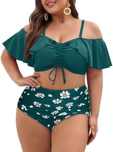 Hanna Nikole Plus Size Bikini Set for Women Ruffle Ruched Two Piece Swimsuit Tummy Control Bathing Suit Green Daisies 22 Plus