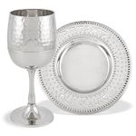 Zion Judaica Elegant Passover Kiddush Goblet Set, Silver 5.5 oz Stemmed Wine Cup with Hammered Metal, Laser Cut Wine Blessing Coaster, Spill Proof, Ideal Jewish Gift