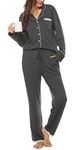 Vlazom Pyjamas Set for Women, Soft Two Pieces Pjs Sets Long Sleeve Button Down Tops and Pants Sleepwear Loungewear with Pockets,Dark Grey,M