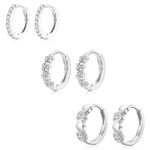 Silver Small Hoops Earrings for Women, 3 Pairs S925 Sterling Silver Hoop Earrings Cubic Zirconia Daisy Huggie Silver Sleeper Earrings for Women Men Girls Jewellery Gift, 8/10/12 mm