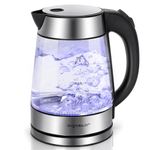 Aigostar Glass Kettle with LED Lighting, 2200W, 1.7L, Boil-Dry Protection, BPA Free, Black and Silver, Quiet Boiling - Chubby 30LDA.