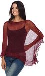 SHU-SHI Womens Sheer Poncho Shrug Lightweight Knit Ruffle Pullover Sweater Top (One Size, Wine)