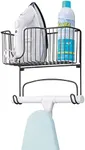 mDesign Metal Steel Ironing Board Holder Wall Mount with Large Storage Basket for Laundry Rooms - Holds Iron, Ironing Board, Spray Bottles, Starch, or Stain Sticks - Easy Installation - Matte Black