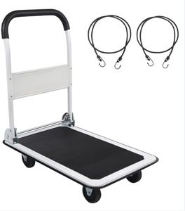 LEADALLWAY Foldable Push Cart Platform Cart 330lbs Capacity 4 Wheels 28.7x18.5x32.3inches White with 2 Ropes Small Flatbed Cart