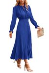 PRETTYGARDEN Women's 2024 Fall Midi Dress Casual Long Sleeve V Neck Swiss Dot Pleated A Line Flowy Dresses (Blue,Large)