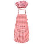 Jennice House Kids Apron and Chef Hat Set, Cute Children Baking Aprons for Boys and girls Cooking Artists Painting Gardening Aprons (Red Gingham, Small)