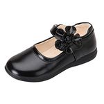 Girls School Shoes Girl Black Shoe Mary Jane Flat Shoes Flower Leather Shoes Size 6 (Black, 4 Big Kid)