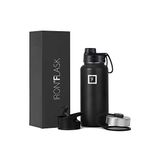 IRON °FLASK Camping & Hiking Hydration Flask, Wide Mouth, 3 Spout Lids, Stainless Steel Outdoor Water Bottle, Double Walled, Insulated Thermos, Metal Canteen - Midnight Black, 32 Oz