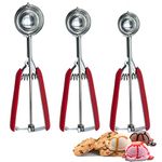 Cookie Scoop,Ice Cream Scoop,3PCS Stainless Steel 1/2 /3 Tablespoon Cookie Scoop,Red Rubber Grips Design,Durable and Effortless,for Ice Cream,Melon Baller and Baking(20#L/ 40#M/ 60#S).