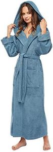 Arus Women's Organic Cotton Hooded Full Length Turkish Bathrobe Blue Grey S