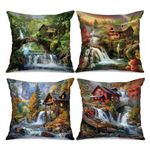 Native American Throw Pillow Covers Set of 4 Forest Waterfall Pillow Covers 18x18inch Red Wooden House Pillow Case Outdoor Modern Cushion Covers Decor for Couch Sofa Living Room OfficeGift(Green )