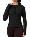 QUEENIEKE Women's Workout Jacket Full Zip Hoodie Running Track Jacket Slim Fit Yoga Cropped Tops with Thumbholes Size M Color Black