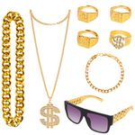 PIGKANG 80s 90s Hip Hop Costumes Outfit for Men Old School Rapper Accessories Sunglasses Faux Gold Rope Chain Bracelet Dollar Sign Chain Ring Kanji Ring for Men Women