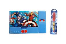 YBN Plastic Big Size Multifunction Super Hero Theme Jumbo Pencil Box For Kids Boys, Push Button Pencil Box For Boys, Return Gifts For Kids (Blue) - With Free 1 Invisible Writing Light Pen