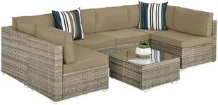 Best Choice Products 7-Piece Modular Outdoor Sectional Wicker Patio Conversation Set w/ 2 Pillows, Coffee Table, Cover Included - Taupe/Desert