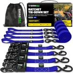 Rhino USA Ratchet Straps Heavy Duty Kit (4-Pack) - 1.6 Inch x 8 Feet (5,208lb Break Strength) - Ultimate Tie Down Straps with Safety S Hooks for Trucks, ATV, UTV, Motorcycle, Cargo & More - Blue