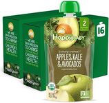 Happy Baby Organics Stage 2 Baby Food Pouches, Gluten Free, Vegan & Healthy Snack, Clearly Crafted Fruit & Veggie Puree, Apples, Kale & Avocados, 4 Ounces (Pack of 16)