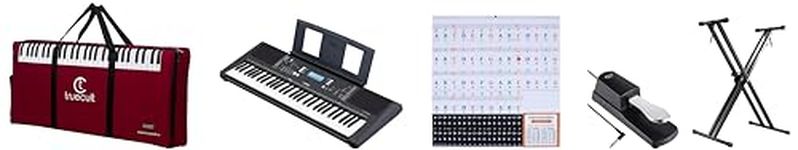 YAMAHA PSR-E473,61 Keys Keyboard & Adaptor with Padded Bag + Piano Stand + Sustain Pedal & Piano Key Note Stickers