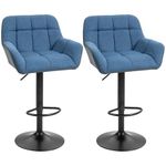 HOMCOM Adjustable Bar Stools Set of 2, Swivel Tufted Linen Fabric Barstools with Footrest and Armrests, Bar Chairs for Kitchen Counter and Dining Room, Dark Blue