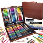 KINSPORY 150PC Art Set for Kids with 2 Sketch Book, Coloring Art Kit, Wooden Drawing Art Supplies Case, Markers Crayon Colour Pencils for Budding Artists Kids Teens Boys (Brown)