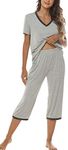 MoFiz Women's Short Sleeve Pajama Set Moisture Wicking Sleepwear for Women V-Neck Sleep Tops Light Grey XX-Large