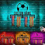 Personalized Soccer Medal Hanger Custom Soccer Player Name Metal Wall Holder with LED Light Medal Hanger Holder Display Rack for Boy Men Football Lover Player (Soccer Medal Hanger)