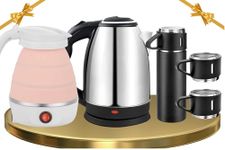 RFV1 1500W 1.8L Electric Kettle with Stainless Steel Body, and Automatic Shut-Off | 600ml Travel Foldable Electric Kettle, Collapsible Silicone Design | Vacuum Flask Set, Includes 2 Cups