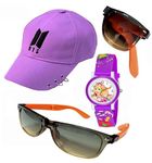 Cron Unisex BTS Ring Kids Cotton Sports Cap & Sunglass & Watch Summer Gift Hat for Boys & Girls Suitable for Age 5 to 12 Years (Pack of 3) (Purple 1)