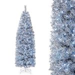 Goplus 6ft Pre-Lit Artificial Pencil Christmas Tree, Hinged Slim Xmas Tree with 250 Cool-White LED Lights, 475 Branch Tips, Foldable Metal Base, for Indoor Home Office Holiday Decor