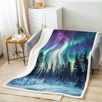 Northern Light Plush Blanket Galaxy Pine Trees Fleece Throw Blanket for Sofa Couch Bed Starry Sky Aurora Sherpa Blanket Room Decor Aurora Theme Fuzzy Blanket Green Purple Queen 90x90 Inch