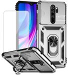 Yodueiv for Redmi Note 8 Pro Case, M1906G7I with Tempered Glass Screen Protector and Slide Camera Cover, Magnetic Ring Car Mount Holder Kickstand Protective Cover for Xiaomi Redmi Note 8 Pro Silver