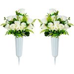 Cemetery Flowers, Set of 2 Artificial Rose Bouquet Grave Memorial Flowers with Vase for Cemetery Headstones Decoration (White, Self-Assemble)