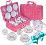 Jewelkeeper Porcelain Tea Set for Little Girls with Pink Picnic Basket - 13 Pieces Mini Tea Party Set for Kids - Real Tea Cups, Teapot, and Saucers for Toddlers - Children Play Set - Floral Design