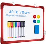 ARCOBIS Small White Board Dry Erase for Wall, 10 Markers, 4 Magnets, 1 Eraser, ARCOBIS 40 x 30cm Magnetic Hanging Double-Sided Whiteboard, Portable White Board for Home Office School (Red)