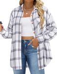 IN'VOLAND Womens Plus Size Womens Buffalo Plaid Flannel Shirt Long Sleeve Collar Button Down Blouses Tops White