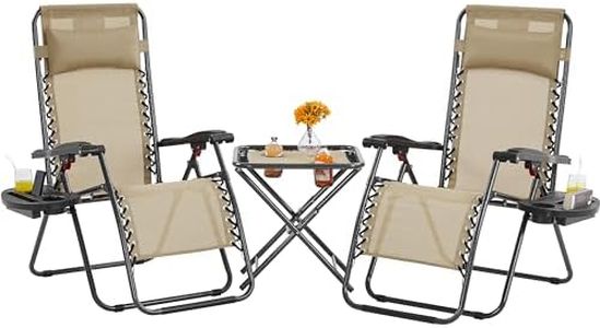 Yaheetech 3PCS Zero Gravity Recliner Portable Outdoor Reclining Chair Set w/Side Table Folding Chaise Lounge Chairs for Patio Beach Deck Garden Pool Beige