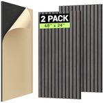 TONOR 2 PCS Wood Slat Panels, 48"x24" Adhesive Acoustic Panels for Wall, Decorative 3D Fluted Panels for Sound Absorbing, Soundproof Panels with Wood Finish for Living Room, Ebony Wood Black