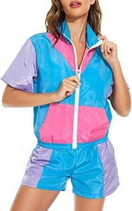 Yisfri Women's Color Block Windbreaker 2 Piece Outfits Short Sleeve Zip Front Elastic Waist Tracksuit Set, Blue, XX-Large