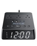 JACKYLED Alarm Clock with 4 USB Chargers Power Strip 3 Outlets 1700J Surge Protector Nightstand Dimmable Digital Clock with Dual Alarm and Snooze Function for Bedroom, Full Screen LED Display