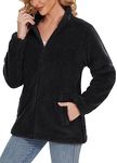 TACVASEN Women's Sherpa Jackets Stand Up Casual Winter Warm Fleece Coats Outdoor Collar Full Zip Soft Jacket Black,2XL